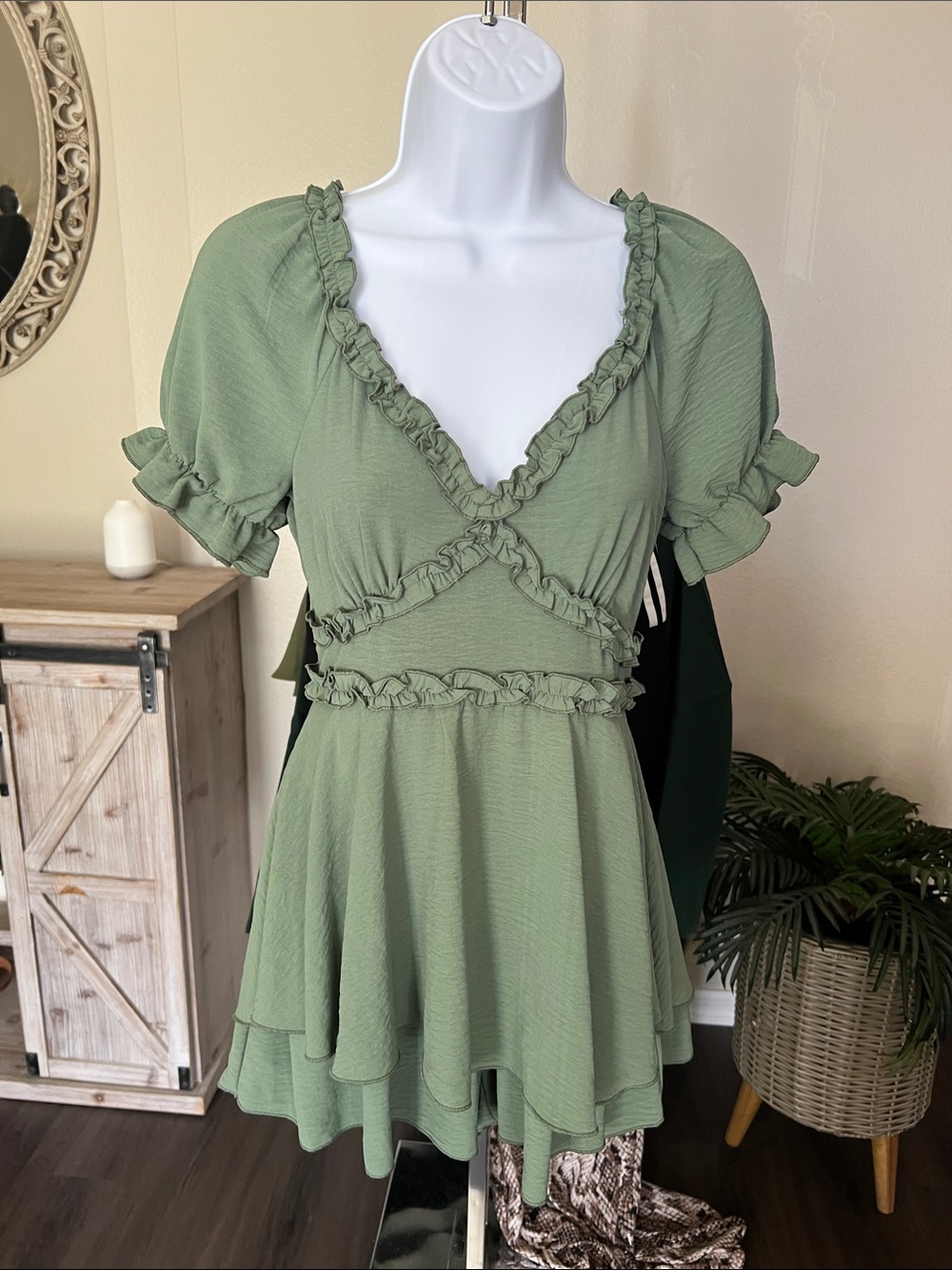 Ruffled Wrap-Style Sage Green Women's Romper size medium
